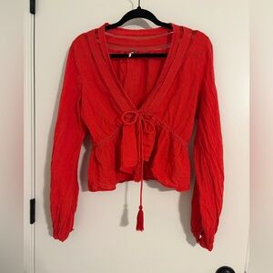 Free People Crimson Tie-Front Long Sleeve Blouse